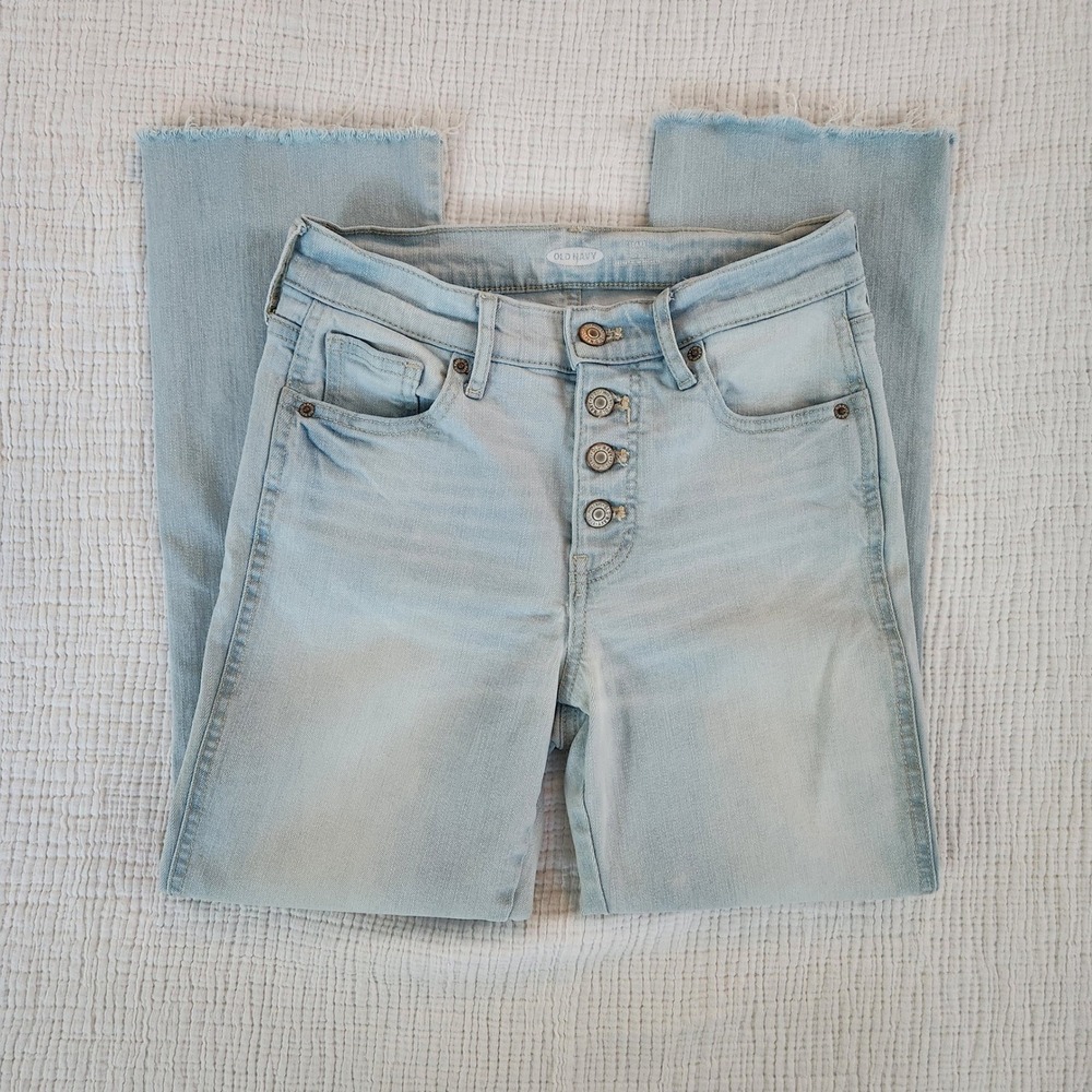 Old Navy Flare Ankle Jeans Women size 0, Light Blue High Rise Button Fly Raw Hem